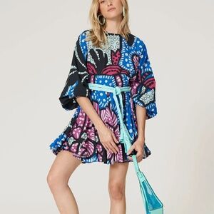 Eye-catching RHODE mini dress in blue, pink, black, and white abstract , size XS